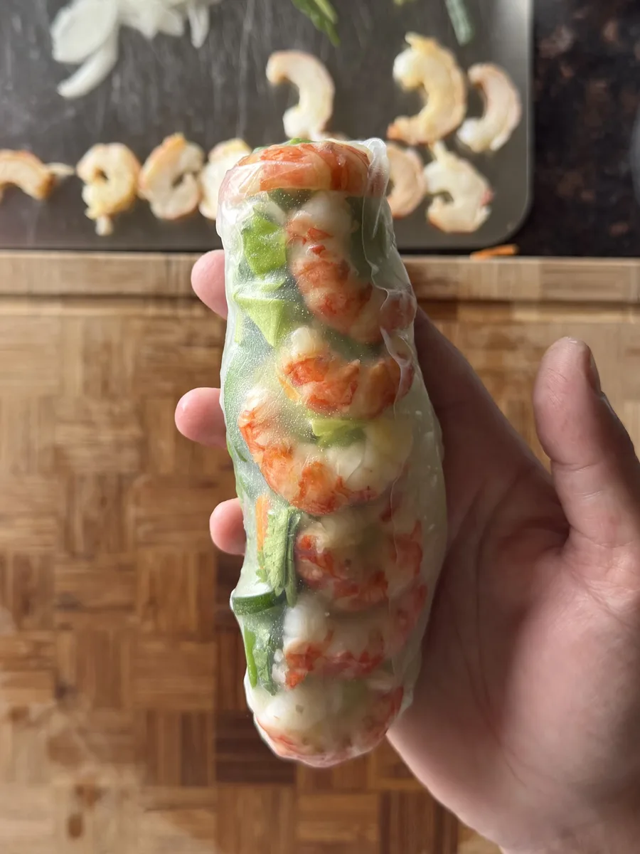 A spring roll in hand with poached, halved spot shrimp in the background