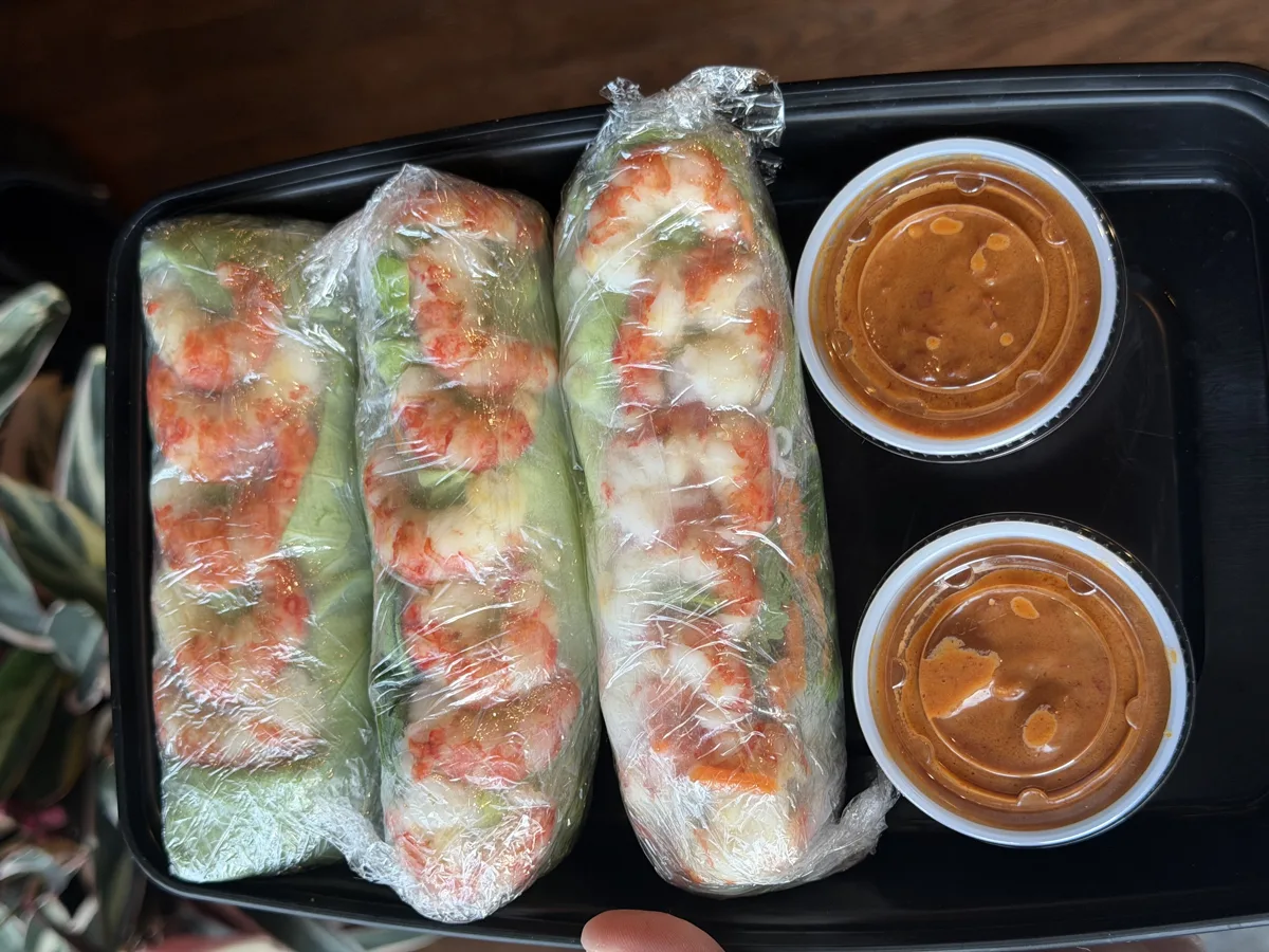 Three spring rolls on a tray with two cups of peanut-hoisin sauce