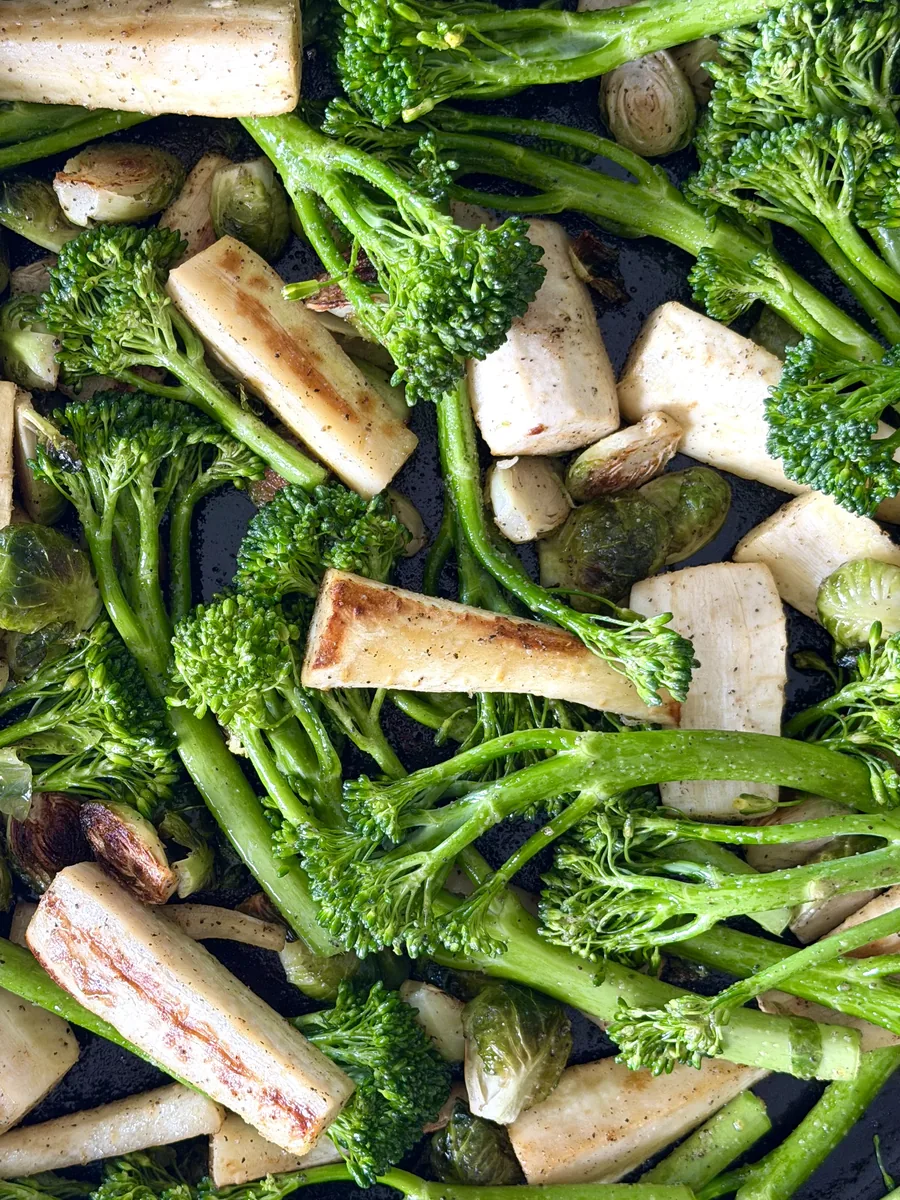 Broccolini added to the roasted vegetables