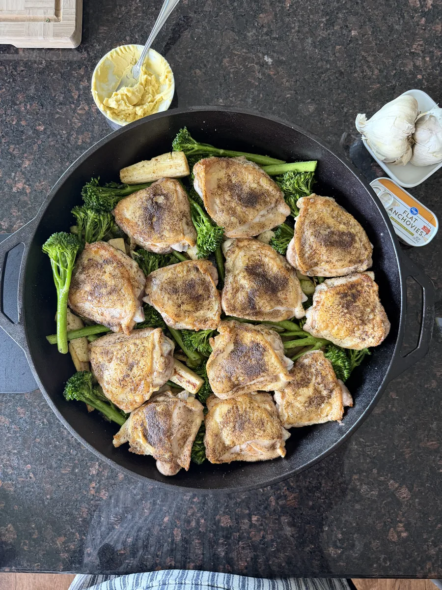 Seared chicken thighs, skin-side up